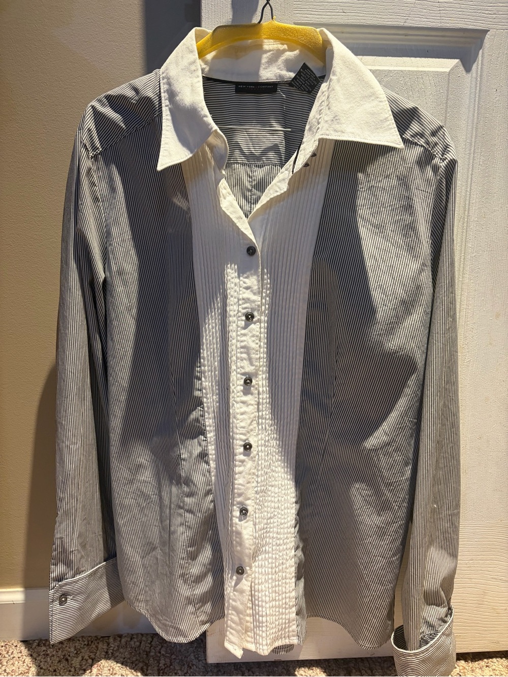 Women’s Black & White Pinstripe Button-Up Shirt with White Placket